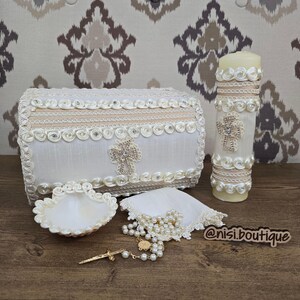 Unique Baptism Candle Set 5 Piece Handmade Beige Cross Design, Christening Keepsake, Vela de Bautizo, Ceremony Essential