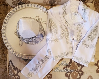 Free Shipping!! Our Lady of Guadalupe Beautiful 6 pieces Boy Charro Suit, White with Silver Charro Suit with Hat, Baptism Mariachi Suit