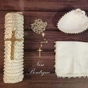 Beautiful Baptism Candle Set, Christening 4 Pieces Set, Ivory, Handmade, Vela de Bautizo, Ceremony candle, a unique  design.