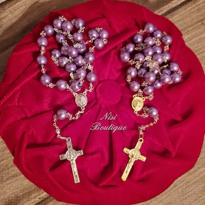Handcrafted Beautiful Silver or Gold  with Purple or Lilac Pearls, Wedding Rosary, Communion Rosary, Christening Rosary, Confirmation Rosary