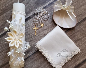 Beautiful Baptism Candle Set, Christening 4 Pieces Set, Ivory, Hand Made, Vela de Bautizo, Ceremony candle, a unique design.