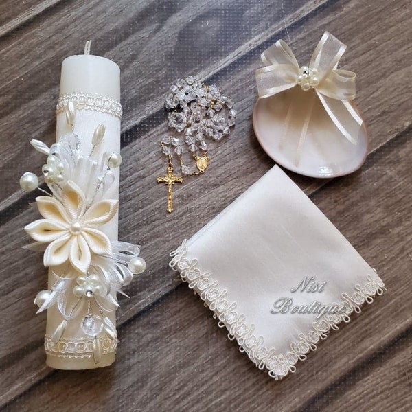 Beautiful Baptism Candle Set, Christening 4 Pieces Set, Ivory, Hand Made, Vela de Bautizo, Ceremony candle, a unique design.