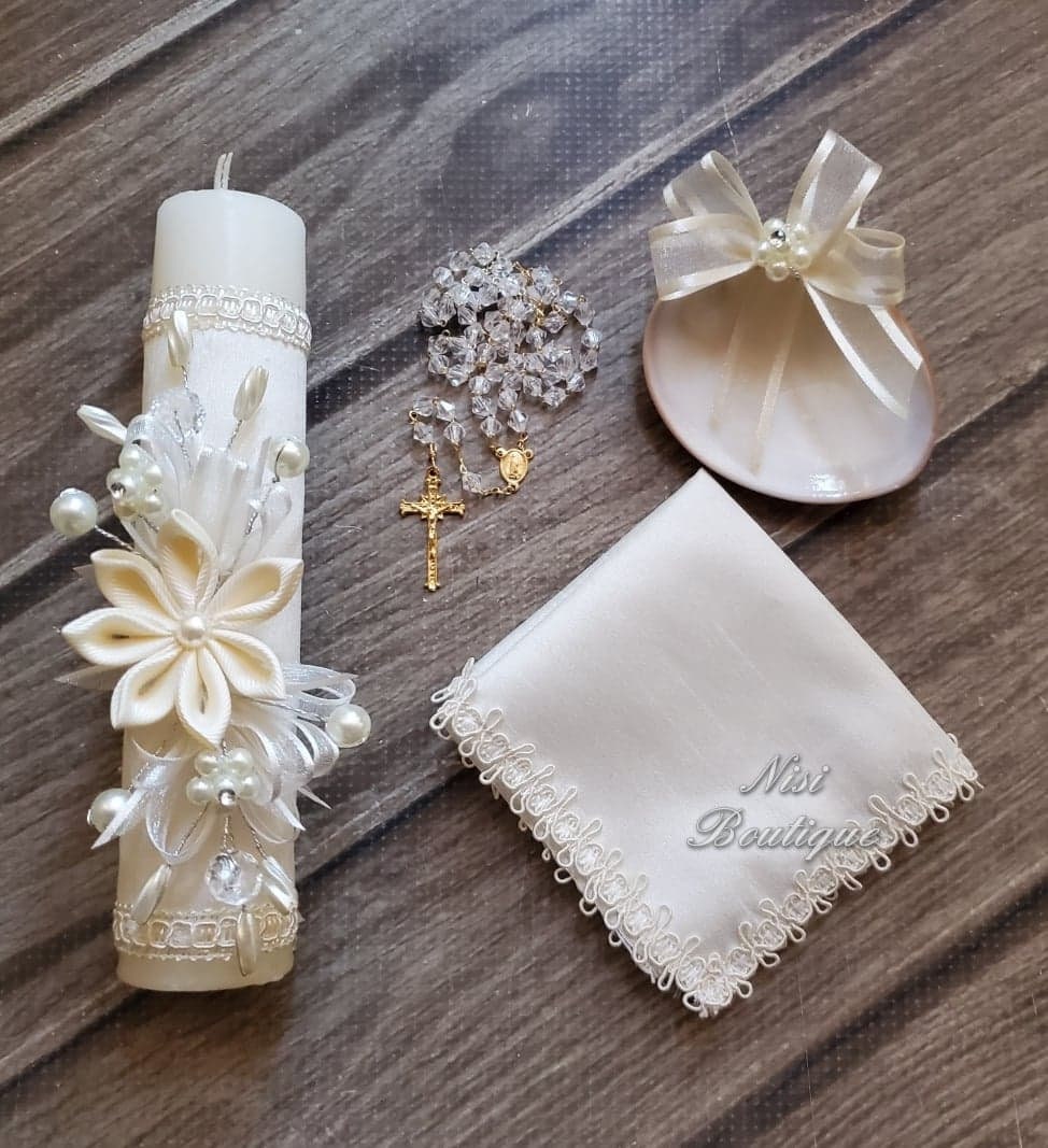 Beautiful Baptism Candle Set, Christening 4 Pieces Set, Ivory, Hand