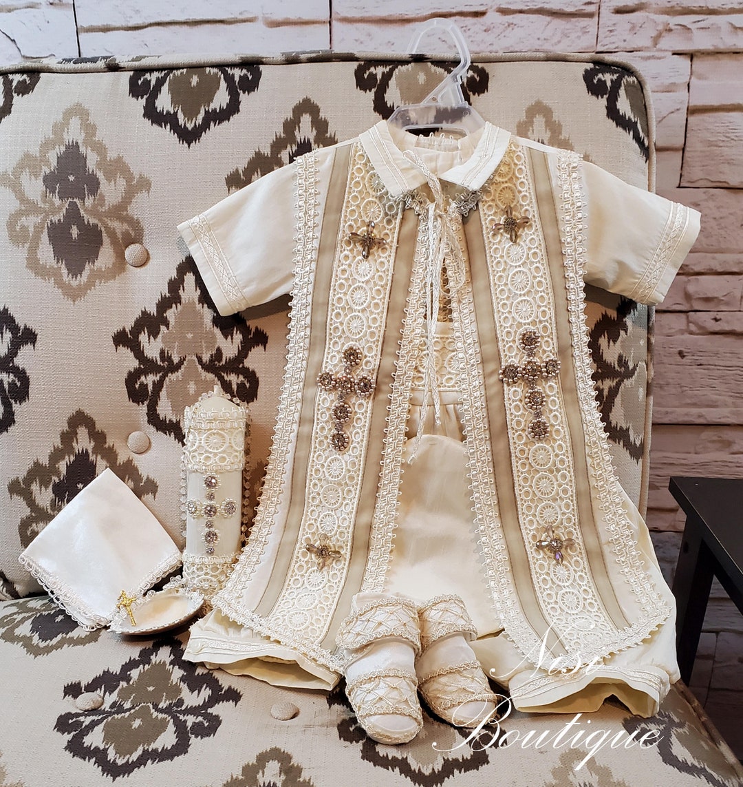 Baby Boy Christening Outfit 9 Pieces Set, Beige Blessing or Baptism