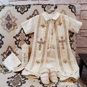 Conjunto de 9 piezas para bautizo de bebé niño, traje beige para bendición o bautizo, traje de bautizo para niño, conjunto de 9 piezas para bautizo de bebé niño, color beige