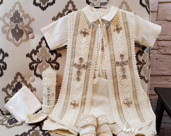 Baby Boy Christening Outfit 9 Pieces Set, Beige Blessing or Baptism Outfit, Boy Baptism Outfit, Ajuar de Bautizo Color Beige De 9 Piezas