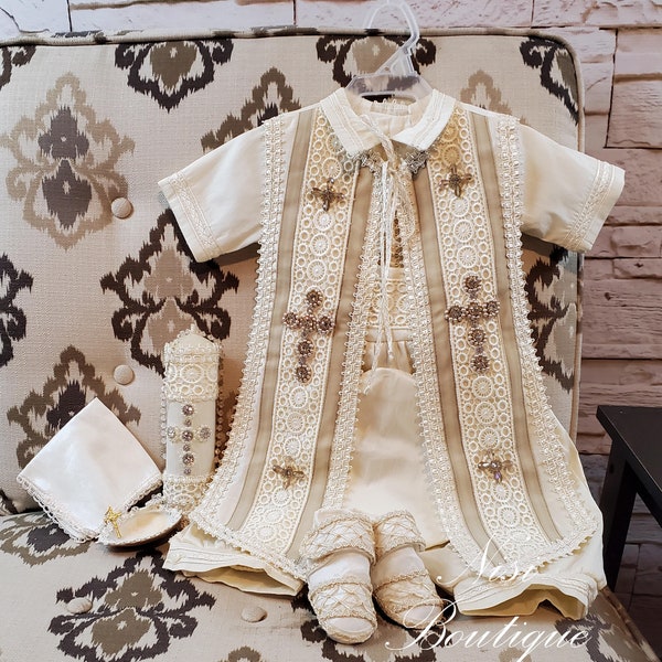 Baby Boy Christening Outfit 9 Pieces Set, Beige Blessing or Baptism Outfit, Boy Baptism Outfit, Ajuar de Bautizo Color Beige De 9 Piezas