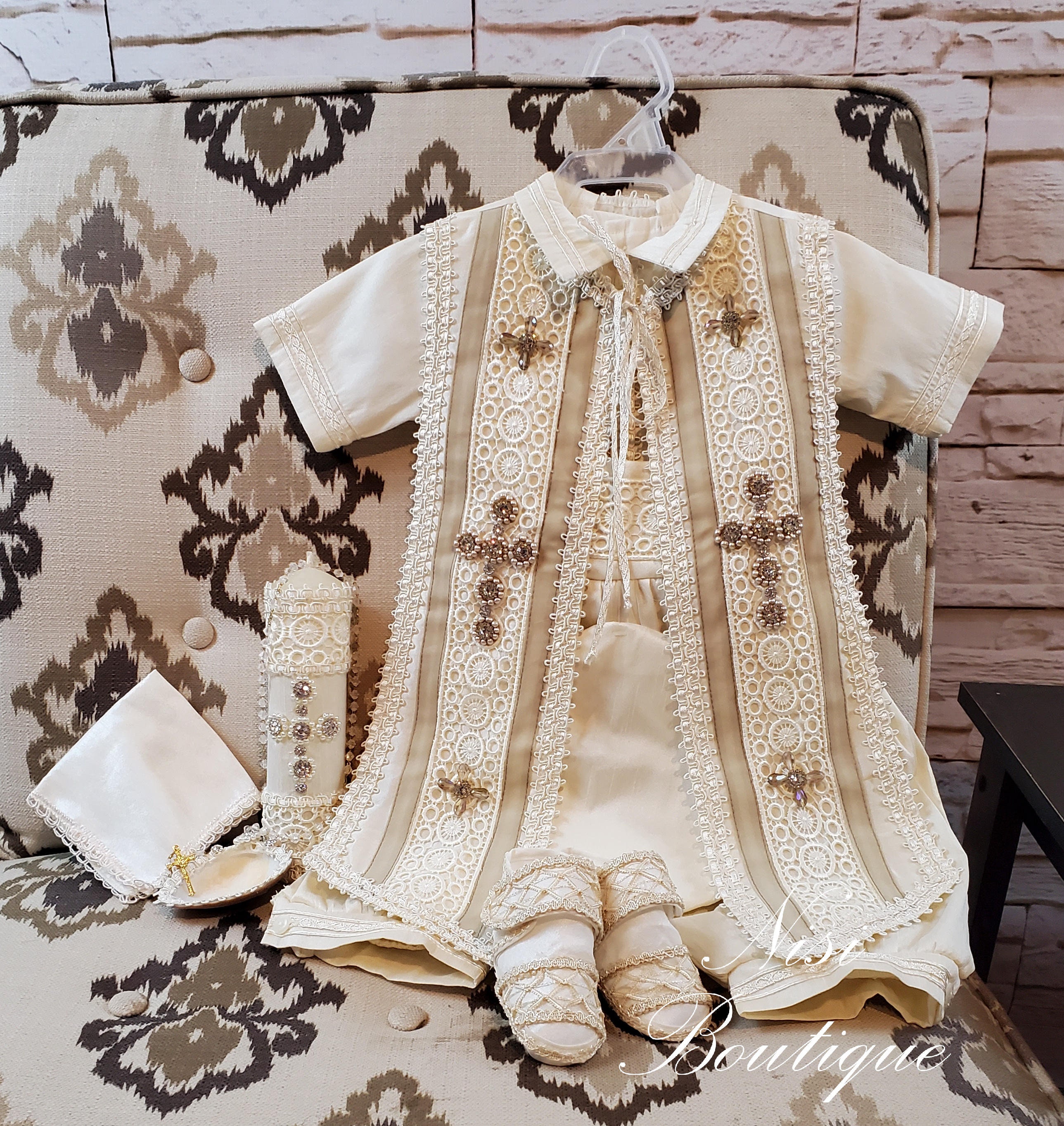 Baby Boy Christening Outfit 9 Pieces Set, Beige Blessing or Baptism Outfit, Boy Baptism Outfit, Ajuar de Bautizo Color Beige De 9 Piezas