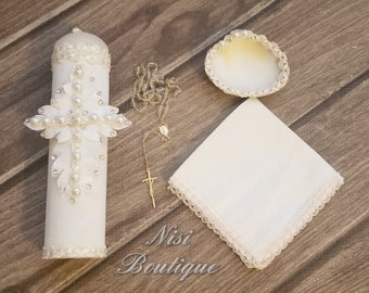 Beautiful Baptism Candle Set, Christening 4 Pieces Set, Ivory, Hand Made, Vela de Bautizo, Ceremony candle, a unique design.