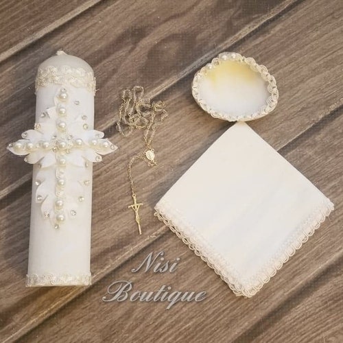 Beautiful Baptism Candle Set Christening 4 Pieces Set Ivory Etsy