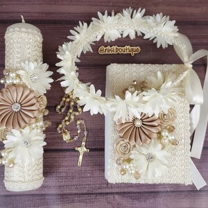 Free Shipping!! Beautiful 4 Pcs. First Communion Candle Set, Ivory  First Communion or Confirmation, Candle Set with Complete Spanish Bible