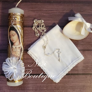 Beautiful Our Lady of Guadalupe Baptism Candle Set, Christening 4 Pieces Set, White, Handmade, Virgen de Guadalupe, Vela de Bautizo.