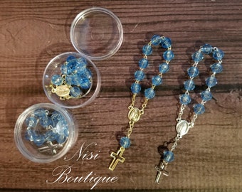 12 pieces of Mini Rosary Favors Blue Gold or Blue Silver with box, Christening, First Communion, Confirmation, all occasion, Misterios