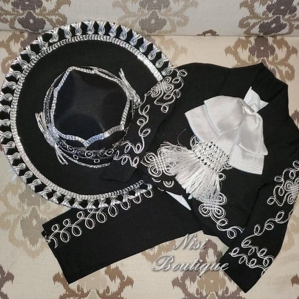 Beautiful 6 pieces Boy Charro Suit, Black with Silver Charro Suit with Hat, Charro Outfit, Mariachi Suit