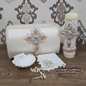 Unique Baptism Candle Set 5 Piece Handmade Beige Cross Design, Christening Keepsake, Vela de Bautizo, Ceremony Essential