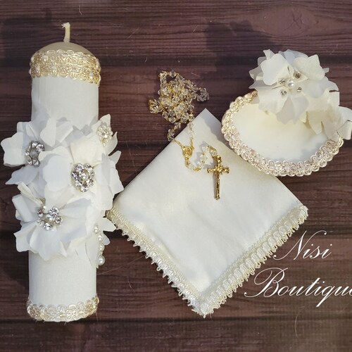 Beautiful Baptism Candle Set Christening 4 Pieces Set White Etsy