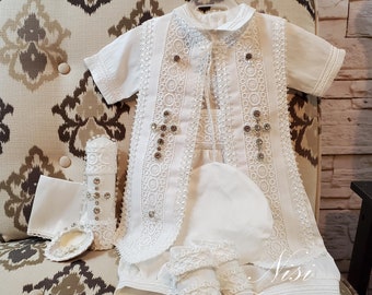 Baby Boy Christening Outfit 9 Pieces Set, White Blessing or Baptism Outfit, Boy Baptism Outfit, Ajuar de Bautizo Color Blanco De 9 Piezas