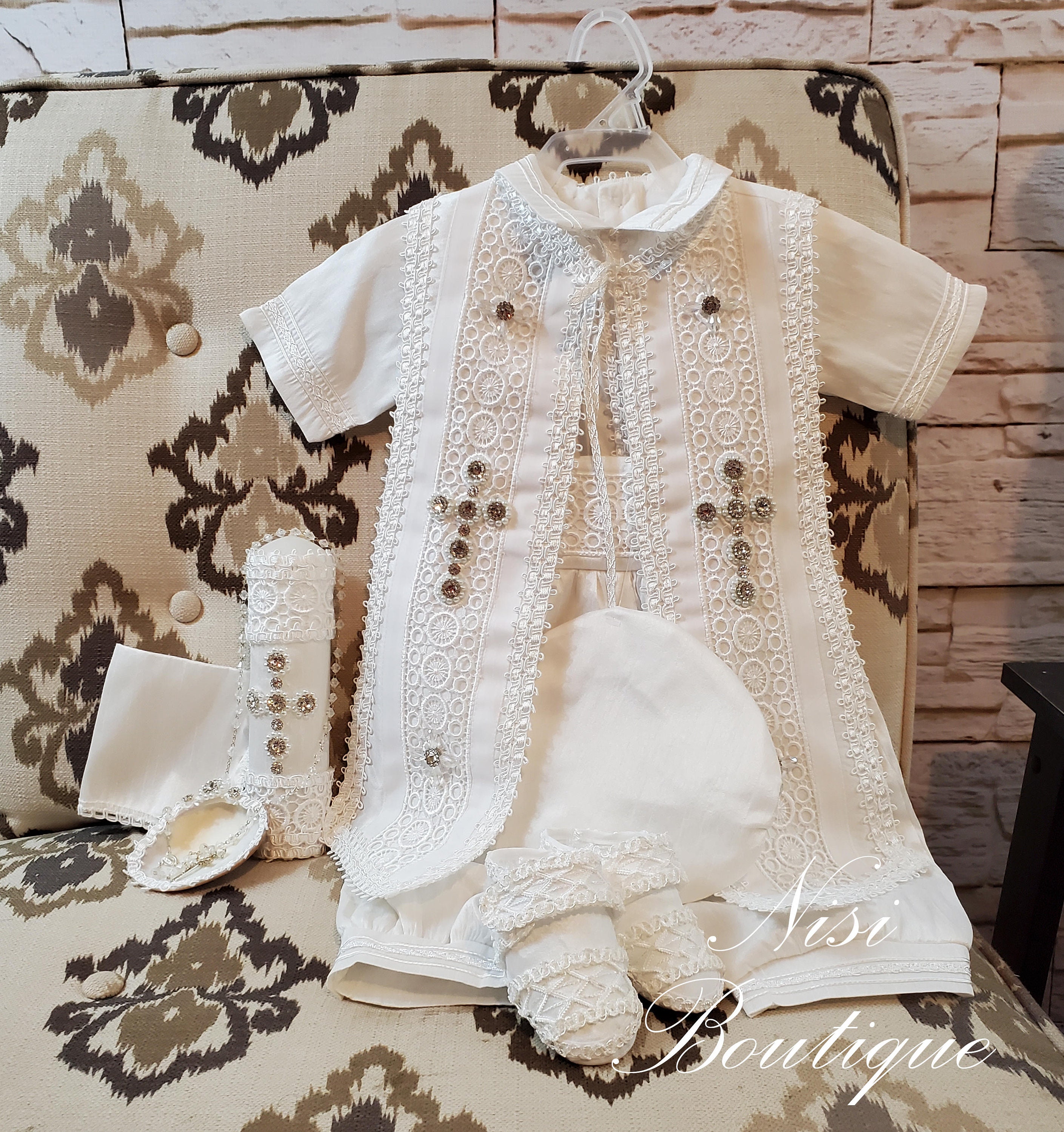Baby Boy Christening Outfit 9 Pieces Set, White Blessing Or Baptism Outfit, Ajuar De Bautizo Color Blanco De Piezas