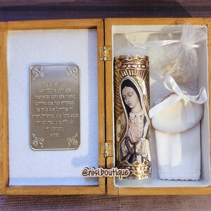 Beautiful Baptism Wood Box Our Lady of Guadalupe Candle Set, Christening 6 Pieces Set, Color White, Vela de Bautizo Virgen de Guadalupe