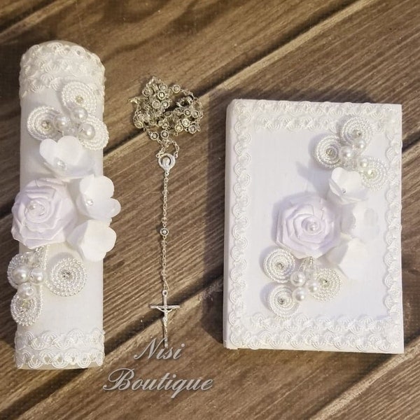 Beautiful Spanish First Communion Candle Set, White First Communion Candle Set, 3 Pieces First Communion Candle Set  or confirmation set.