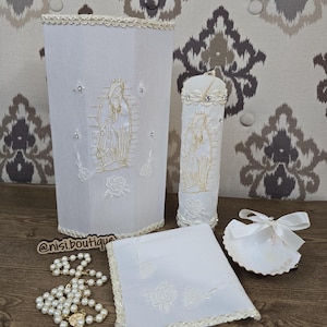 Beautiful Baptism Wooden Box Candle Set, Christening 5 Pieces Set, Color Ivory, Handmade, Vela de Bautizo con Caja De Madera,Ceremony Candle