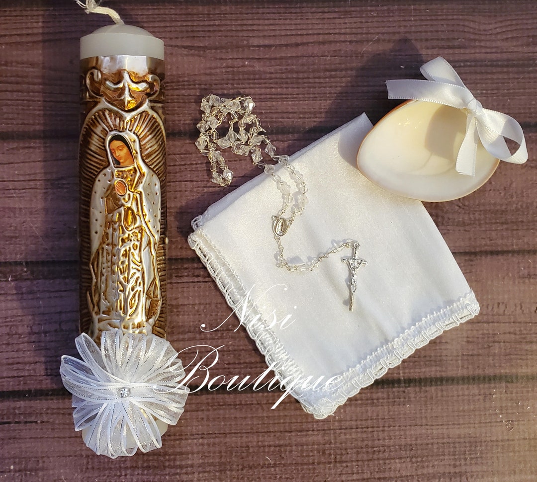 Beautiful Our Lady of Guadalupe Baptism Candle Set, Christening 4