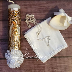 Beautiful Our Lady of Guadalupe Baptism Candle Set, Christening 4 Pieces Set, White, Handmade, Virgen de Guadalupe, Vela de Bautizo.