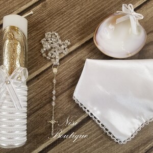 Mooie Doopkaars Onze-Lieve-Vrouw van Guadalupe, doopkaarsenset, 4-delige set, wit, handgemaakt, Virgen de Guadalupe, Vela de Bautizo