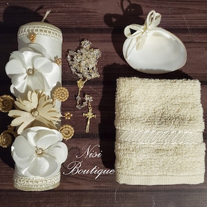 Beautiful Baptism Candle Set, Christening 4 Pieces Set, Ivory, Handmade, Vela de Bautizo, Ceremony candle, a unique design.