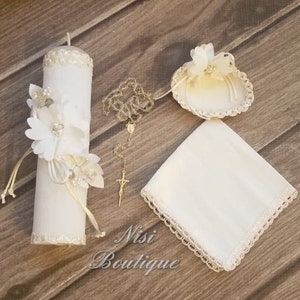 Lindo conjunto de velas de batismo, conjunto de 4 peças de batizado, marfim, feito à mão, Vela de Bautizo, vela de cerimônia, um design exclusivo.