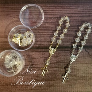 12 pieces of Mini Rosary Favors Transparent Gold or Silver with Box, Christening, First Communion, Confirmation, all occasion, Misterios