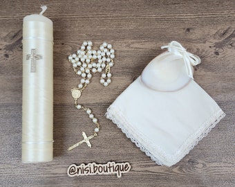 Beautiful Baptism Candle Set, Christening 4 Pieces Set, Ivory, Handmade, Vela de Bautizo, Ceremony candle, a unique design.