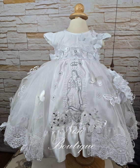 Free Shipping!!! Our Lady of Guadalupe Butterfly Baptism Dress, Christening Gown, Baby Girl White Dress, Vestido Blanco Virgen De Guadalupe
