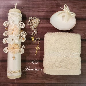 Beautiful Baptism Candle Set, Christening 4 Pieces Set, Ivory, Handmade, Vela de Bautizo, Ceremony candle, a unique design.