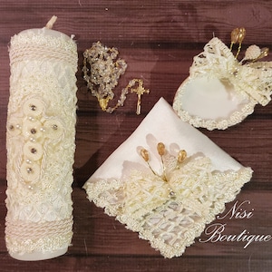 Beautiful Baptism Candle Set, Christening 4 Pieces Set, Ivory, Handmade, Vela de Bautizo, Ceremony candle, a unique design.