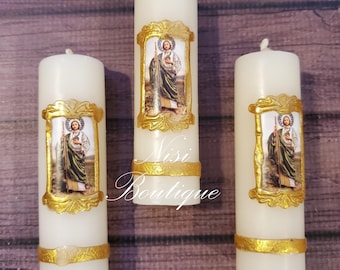 Free Shipping!! 6 Pieces Small Paschal Saint Jude Thaddeus Candles, Celebration of Live, Communion, Baptism, Catholic Favors,San Judas Tadeo