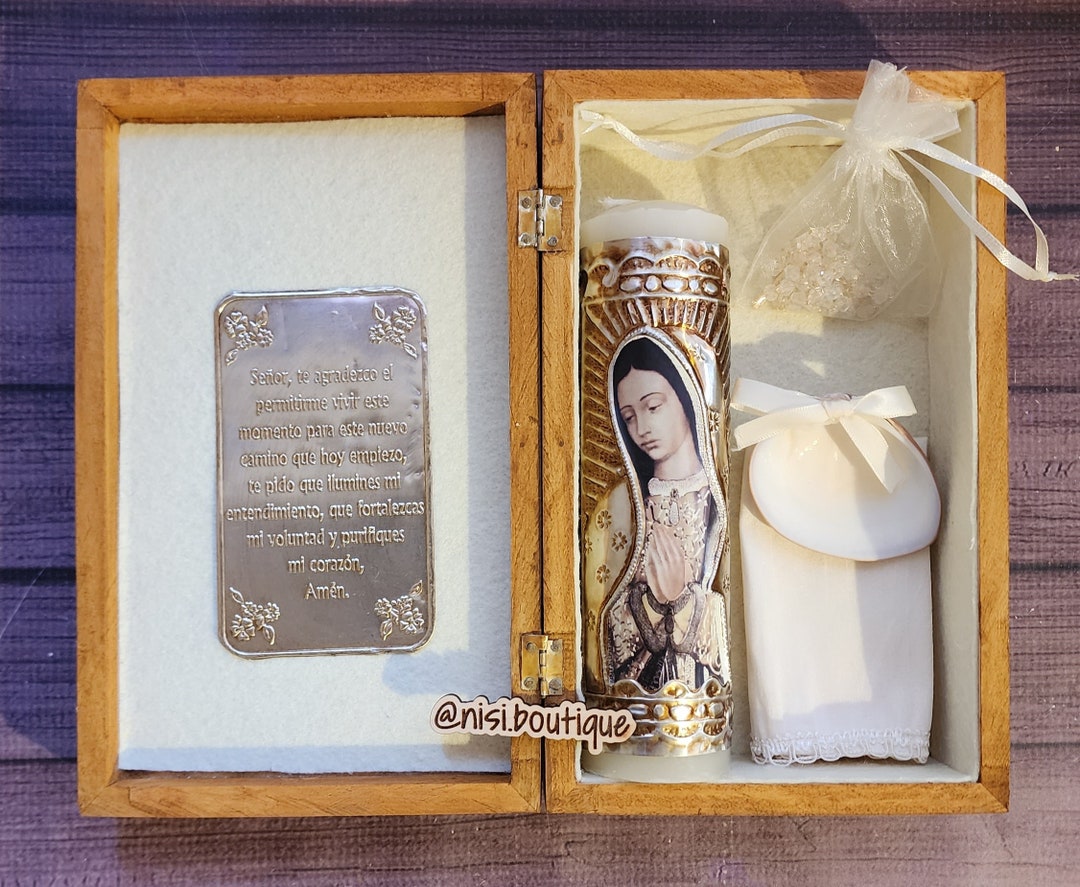 Beautiful Baptism Wood Box Our Lady of Guadalupe Candle Set