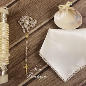Beautiful Baptism Candle Set, Christening 4 Pieces Set, Ivory, Handmade, Vela de Bautizo, Ceremony candle, a unique design.