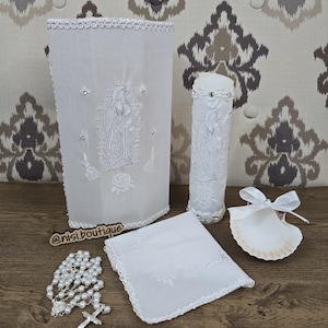 Beautiful Baptism Compressed Wooden Box Candle Set, Christening 5 Pieces Set, Color White, Handmade, Vela de Bautizo con Caja De Madera