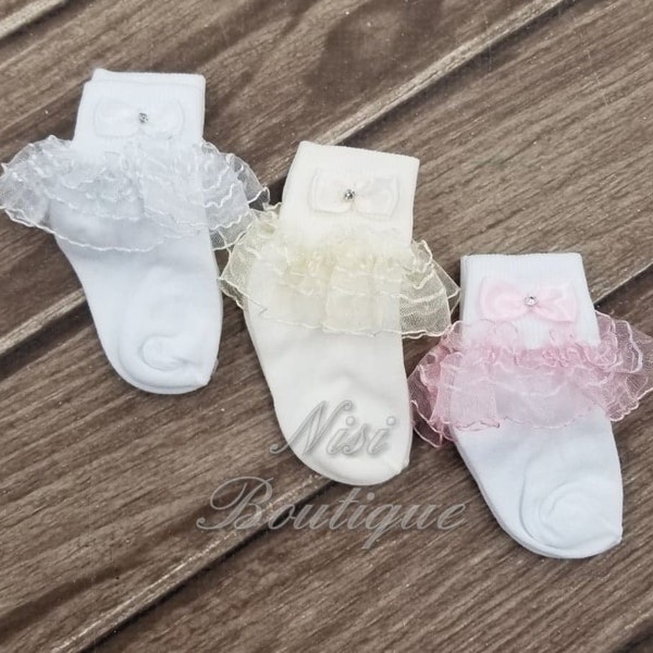 Pack of 3 Girl Ruffle Socks, White, Ivory and Pink, Nylon, Perfect for Special Occasion, Girl Baptism Outfit, Ruffle Socks,