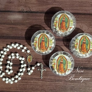 12 Pieces of Rosary Favors Color White with box Our Lady of Guadalupe, Christening, Baptism, Rosarios de Recuerdo Bautizo