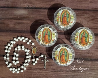 12 Pieces of Rosary Favors Color White with box Our Lady of Guadalupe, Christening, Baptism, Rosarios de Recuerdo Bautizo