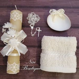 Beautiful Baptism Candle Set, Christening 4 Pieces Set, Ivory, Handmade, Vela de Bautizo, Ceremony candle, a unique design.