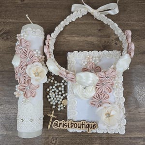 Free Shipping!! Beautiful 4 Pcs. First Communion Candle Set, Ivory  First Communion or Confirmation, Candle Set with Complete Spanish Bible