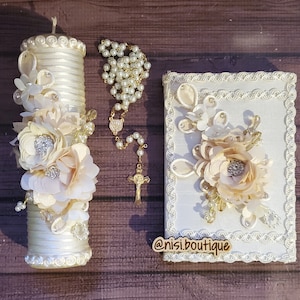 Lindo conjunto de velas para a comunhão espanhola, conjunto de velas para a primeira comunhão em marfim, conjunto de velas para a primeira comunhão com 3 peças ou conjunto de confirmação.