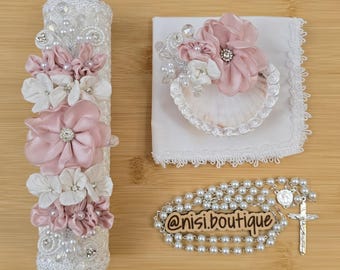 Beautiful 4 pieces Baptism Candle Set, White Pink  Baptism Set, Baptism Candle Handmade, Vela de Bautizo, Ceremony candle, a unique design