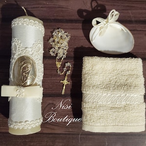 Beautiful Our Lady of Guadalupe Baptism Candle Set, Christening 4 Pieces Set, Ivory, Handmade, Virgen de Guadalupe, Vela de Bautizo.
