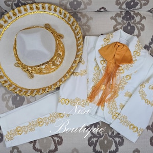 Beautiful 6 pieces Boy Charro Suit, Ivory with Gold Charro Suit with Hat, Charro Outfit, Mariachi Suit