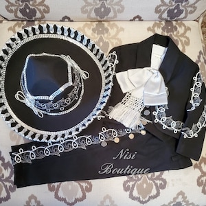 Our Lady of Guadalupe Beautiful 6 pieces Boy Charro Suit, Black with Silver Charro Suit with Hat, Charro Outfit, Mariachi Suit