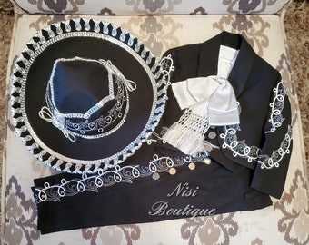 Hermoso traje de charro para niño de 6 piezas de Nuestra Señora de Guadalupe, traje de charro negro con plateado con sombrero, traje de charro, traje de mariachi